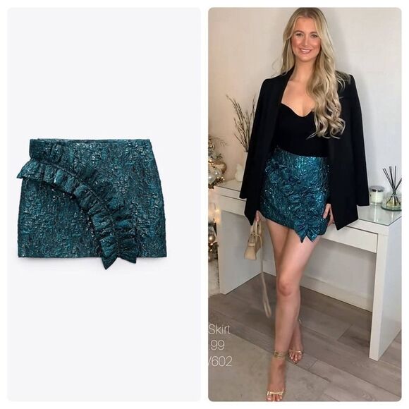 NWT Zara nwt green jacquard skirt Zara Teal Metallic Ruffle Mini Skirt XS - Picture 1 of 16